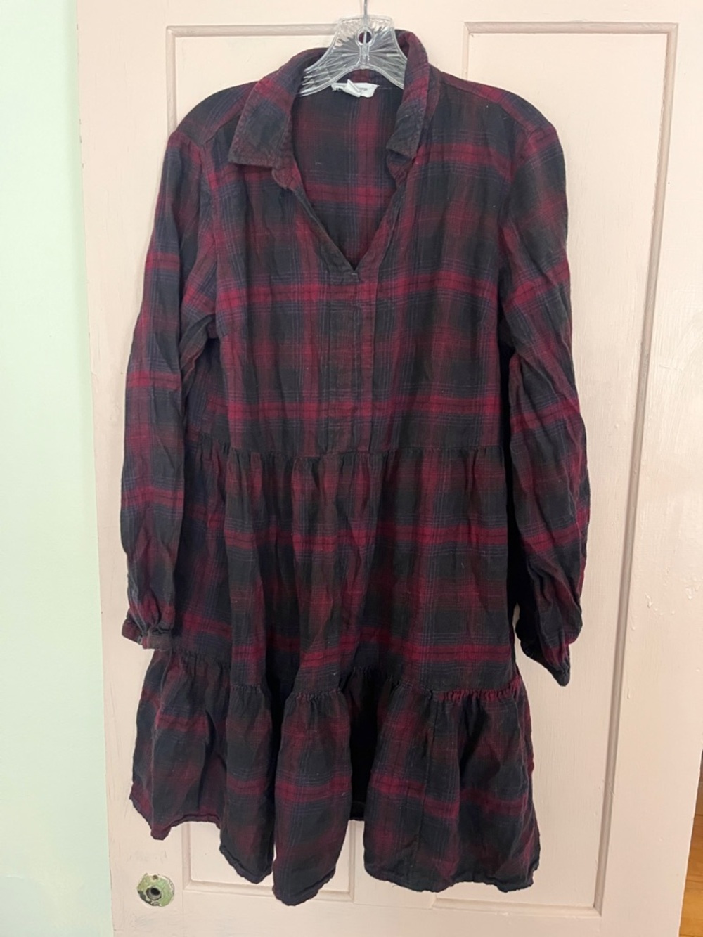 Red and Black Plaid Tiered Long-Sleeve Dress